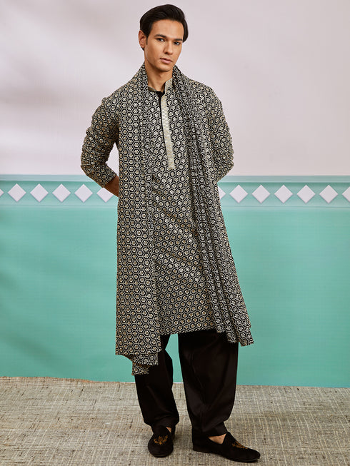 Men's Black Rayon Kurta, Patiala And Dupatta Set.